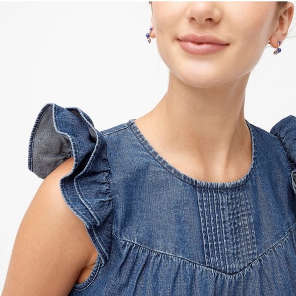 J. Crew Chambray Pleated Ruffle Sleeveless Top - Picture 2 of 7